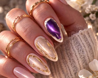 Purple Marble Almond Press On Nails with Gold Foil | Elegant Reusable Fake Nails
