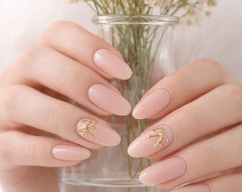 Blush Nude Press On Nails with Gold Charm – Almond Shape Minimalist – Soft Pink Custom Fake – Elegant Bridal Set
