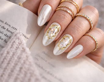 Pearl Gold Foil Almond Press On Nails | Iridescent Bridal False Nails