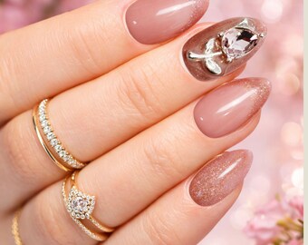 Almond Press On Nails | Mocha Brown Crystal Accent, Korean Style Handmade Elegance