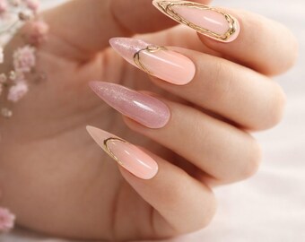 Luxury Nude & Blush Press On Nails with Gold Outline | Stiletto Elegant Glam Set | Handmade Reusable False Nails | Bridal and Event Nails