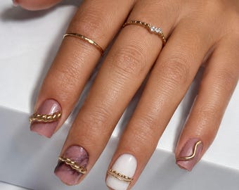 Nude Nails with Gold 3D Details | Luxury Minimalist | Short Elegant Press On Nails | Handmade Reusable