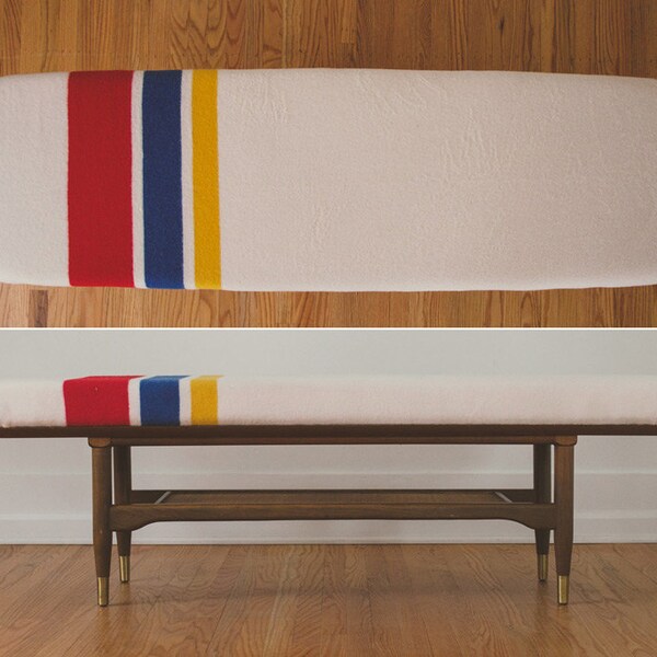 HS Collection Mid Century Walnut Brass and Wool Bench