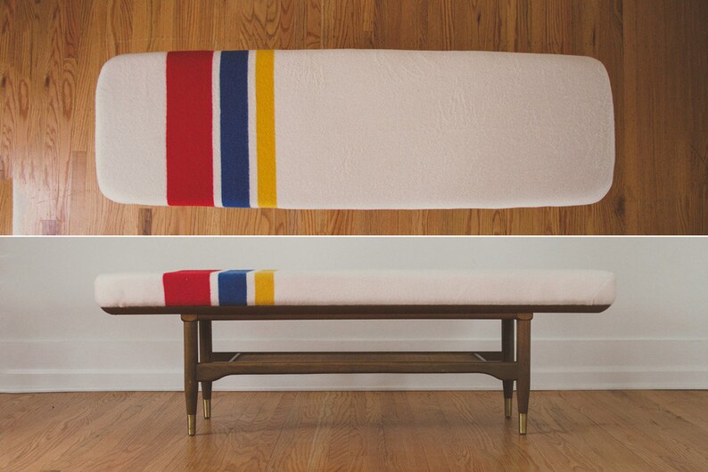 HS Collection Mid Century Walnut Brass and Wool Bench