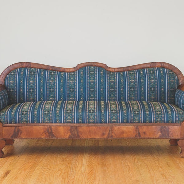 SALE Antique Dark Wood and Navy Embroidered Sofa
