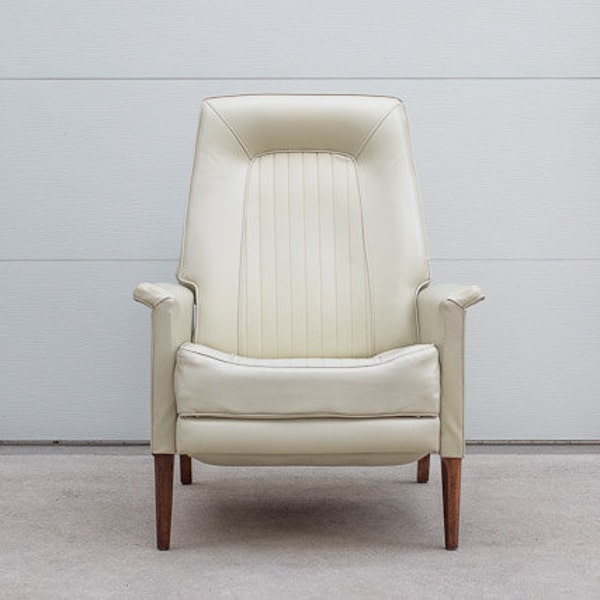 SOLD Vintage Mid Century White Naugahyde Recliner - Mechanically Restored