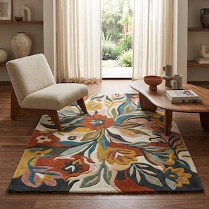 Area Rug Ivory Multi Hand Tufted Wool | Oversized Botanical Floral | Living Room Modern Decor