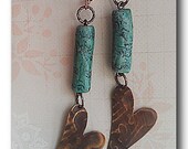 Rustic Dangle Earrings, Hammered Heart Earrings, Polymer Bead Dangle Earrings