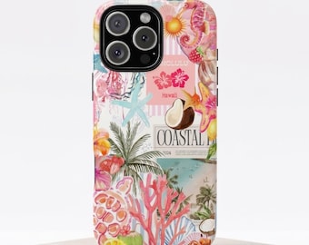 Könnte beinhalten: Eine Smartphone-Hülle mit einer Collage aus tropischen Motiven, darunter eine Palme, rosa Korallen, eine Meeresschildkröte, ein Seestern, eine Kokosnuss und Hibiskusblüten. Das Design enthält die Texte Honolulu, Hawaii und Coastal 2024.