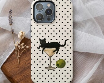 Martini Cat iPhone Case, Black Cat Cocktail Art Phone Cover, Polka Dot Design
