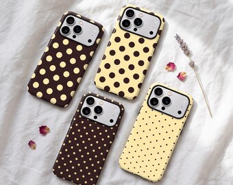 Minimalist Brown Polka Dot iPhone Case, Vintage Butter Yellow Spotted Phone Cover