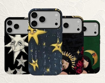 Vintage Celestial Phone Cover, Green Crescent Moon Cover, Witchy Starry Night Phone Shell, Sad Star Gothic Art Case