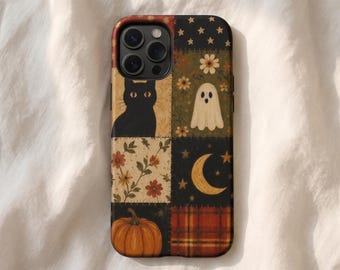 Folk Art Halloween iPhone Case | Vintage Autumn Patchwork Phone Cover | Cozy Ghost Black Cat Pumpkin Tough Case