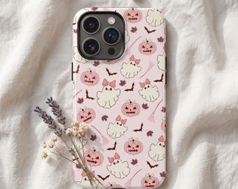 Pink Halloween Ghost Phone Case, Kawaii Bow Pumpkin Cover