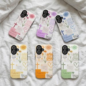 May include: Six smartphone cases featuring floral illustrations, crosses, hearts, and text including "God is so much bigger than" and "When I am afraid I put my trust in you" with "Psalms 46:5" printed in various pastel color schemes.