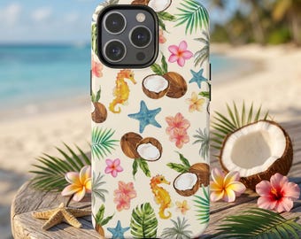Tropical Summer iPhone Case, Watercolor Seahorse Starfish Phone Cover 15 14 13 Pro Max Plus, Palm Tree Ocean Shell