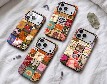 Retro Floral Tile Phone Case, Vintage Patchwork Flower Cover