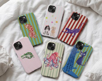 Whimsical Animal Phone Case, Retro Striped Cover for iPhone 16 15 Pro Max