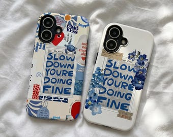 Blue Floral Collage Phone Case, Inspiring Quote Cover for iPhone 15 Pro Max