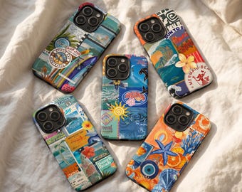 Retro Coastal iPhone Case, Vintage Surf Collage Cover, iPhone 15 Pro Max 14 13