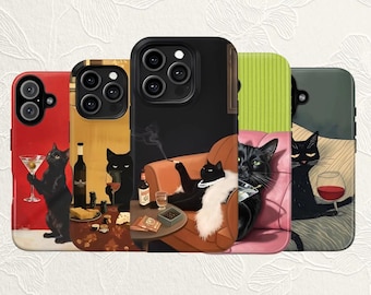 Whimsical Black Cat Cocktail Phone Case | Funny Cat Drinking Martini Cover | Luxury Art Girly