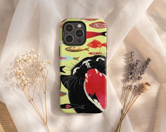 Retro Black Cat iPhone Case, Glossy Animal Art Cover, Impact Resistant Protection
