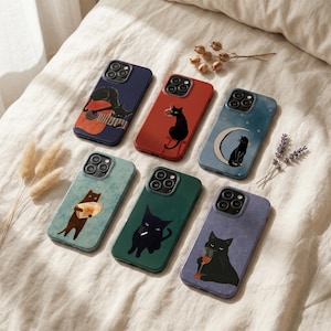 May include: Six smartphone cases featuring black cat illustrations. One shows a cat playing guitar, one a cat with a cigarette, one a cat on a crescent moon, one a cat holding a loaf of bread, one a cat with a cigarette, and one a cat with a wine glass.