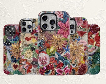 Boho Mosaic Phone Case, Earthy Collage Cover, Impact Resistant Glossy Finish