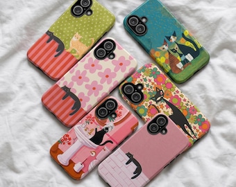 Retro Whimsical Cat iPhone Case, Vintage Flower Kitten Illustration Cover