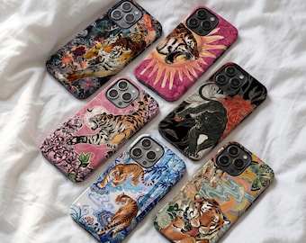 Y2k Trendy Tiger  Collage Phone Case, Vintage Asian Art Shell Cover