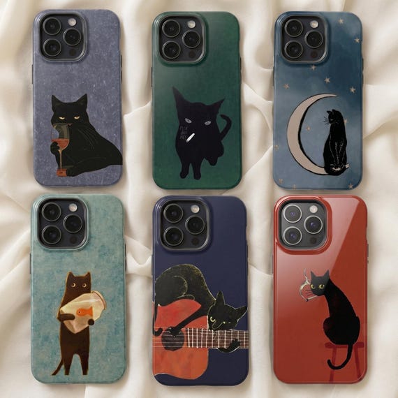 Whimsical Black Cat Phone Case | Sassy Art, Guitar, Moon Designs
