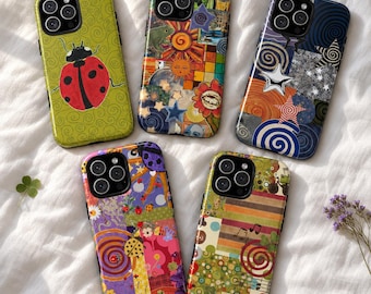 Whimsical Tough Phone Case, Glossy Retro Designs with Ladybugs, Spirals and Celestial Art
