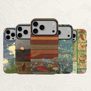 May include: Five smartphone cases featuring distinct artistic designs: a blue sky with white flowers, a sunset landscape with a beetle, horizontal stripes with fish, white almond blossoms on a blue background, and green panels with deer illustrations.