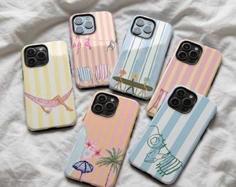Striped Beach Phone Case, Coastal Coconut Girl Cover for iPhone, Galaxy S25