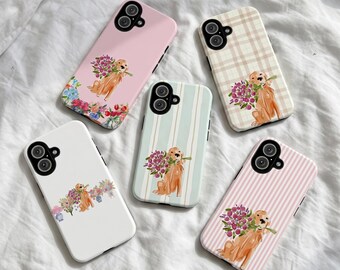 Golden Retriever Phone Case | Dog with Flowers iPhone Cover | Plaid Striped Protective Case