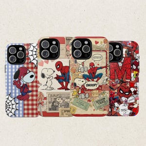May include: Four phone cases with colorful designs featuring Spider-Man and Snoopy characters. The cases have a variety of backgrounds, including comic book panels, hearts, and the letter "M". The cases are designed to fit a smartphone.