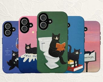 Funny Black Cat Illustration Phone Case, Sarcastic Wine Art Tough Cover