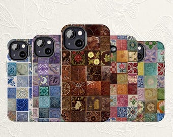 2D Print Vintage Ceramic Tile Phone Case, Embossed Mosaic  Botanical Case, Cottagecore Floral Tough Cover