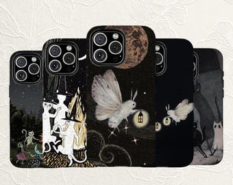 Whimsigoth Moth iPhone Case | Vintage Dark Cottagecore Phone Cover | Witchy Cat Lantern Moth Design