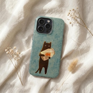 May include: A light blue smartphone case with a textured finish featuring a graphic of a dark brown cat holding a clear plastic bag containing a small orange goldfish. The case has a cutout for a triple-lens camera system on the upper left side.