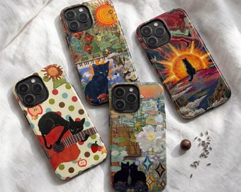 Maximalist Black Cat Phone Case, Trippy Surreal Collage Cover