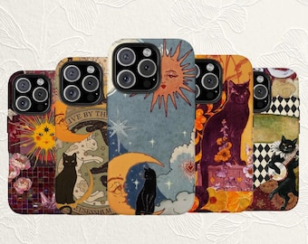 Mystic Black Cat iPhone Case | Celestial Sun Moon Phone Cover | Vintage Collage Witchy Tarot