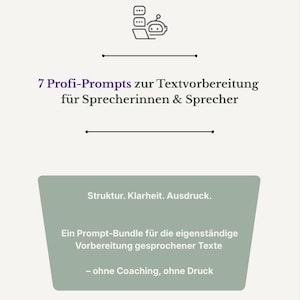 Könnte beinhalten: Werbegrafik mit deutschem Text, die ein Roboter-Symbol und den Text "7 Profi-Prompts zur Textvorbereitung für Sprecherinnen & Sprecher" zeigt. Das Bild enthält auch die Sätze "Struktur. Klarheit. Ausdruck." und "Ein Prompt-Bundle für die eigenständige Vorbereitung gesprochener Texte."