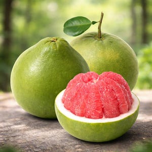 May include: Three green pomelos, one partially cut to reveal the vibrant pink flesh. The fruit has a smooth, green rind and a juicy, segmented interior. A small green leaf and stem are attached to one of the whole fruits.