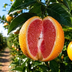 May include: A halved grapefruit hanging from a tree branch with dark green leaves. The fruit features a vibrant orange rind and a juicy, deep pink interior flesh with visible segments and small droplets of moisture on the textured surface.