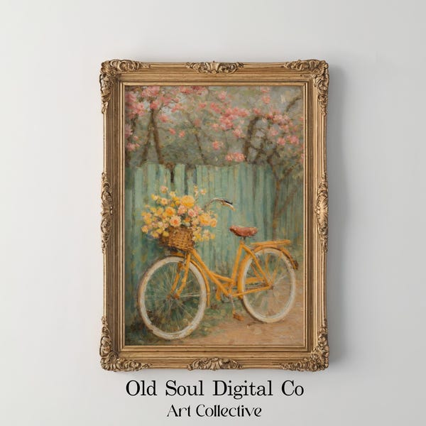 Vintage Bicycle Flowers Wall Art, Spring Garden Print, Cottagecore Floral Painting (Digital Download)