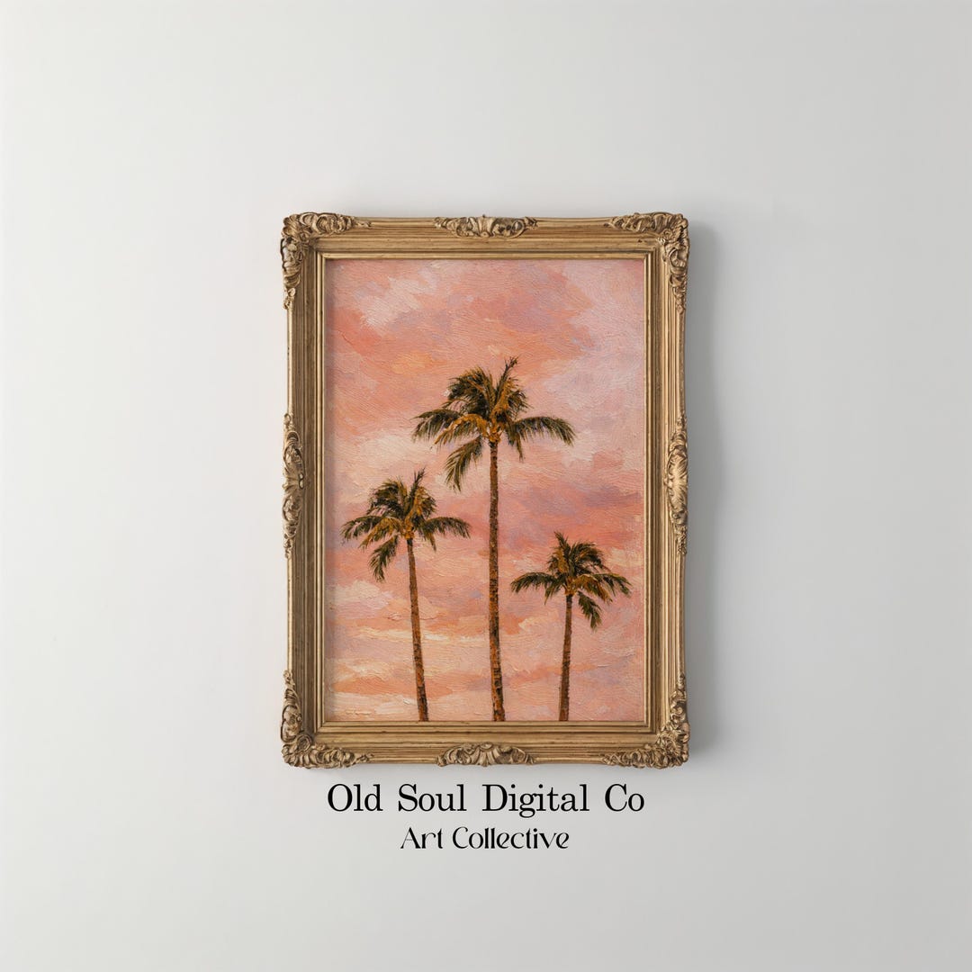 Vintage Palm Tree Oil Painting Print, Tropical Sunset Beach Wall Art ...