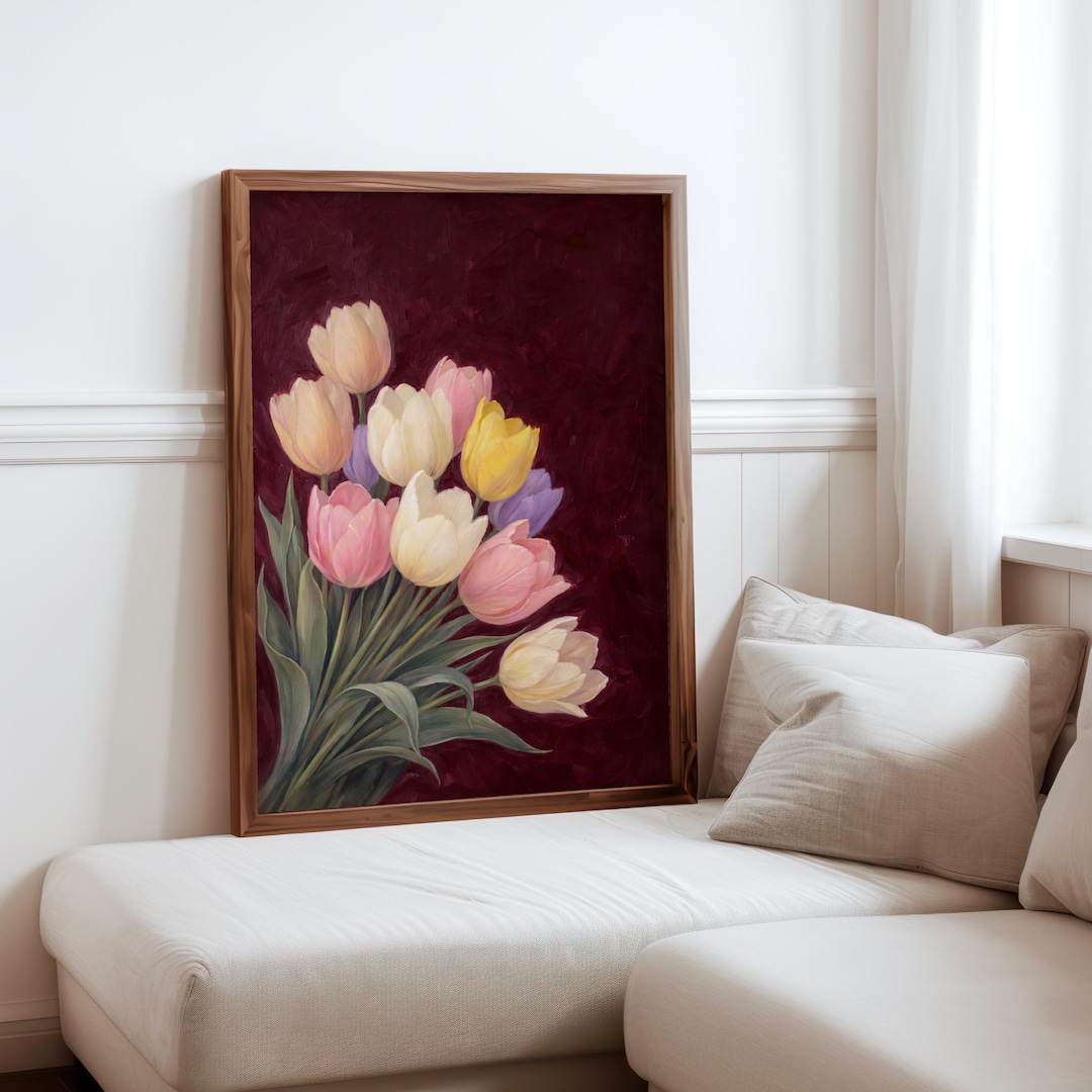 Vintage Tulip Oil Painting, Pastel Floral Bouquet, Botanical Wall Art ...