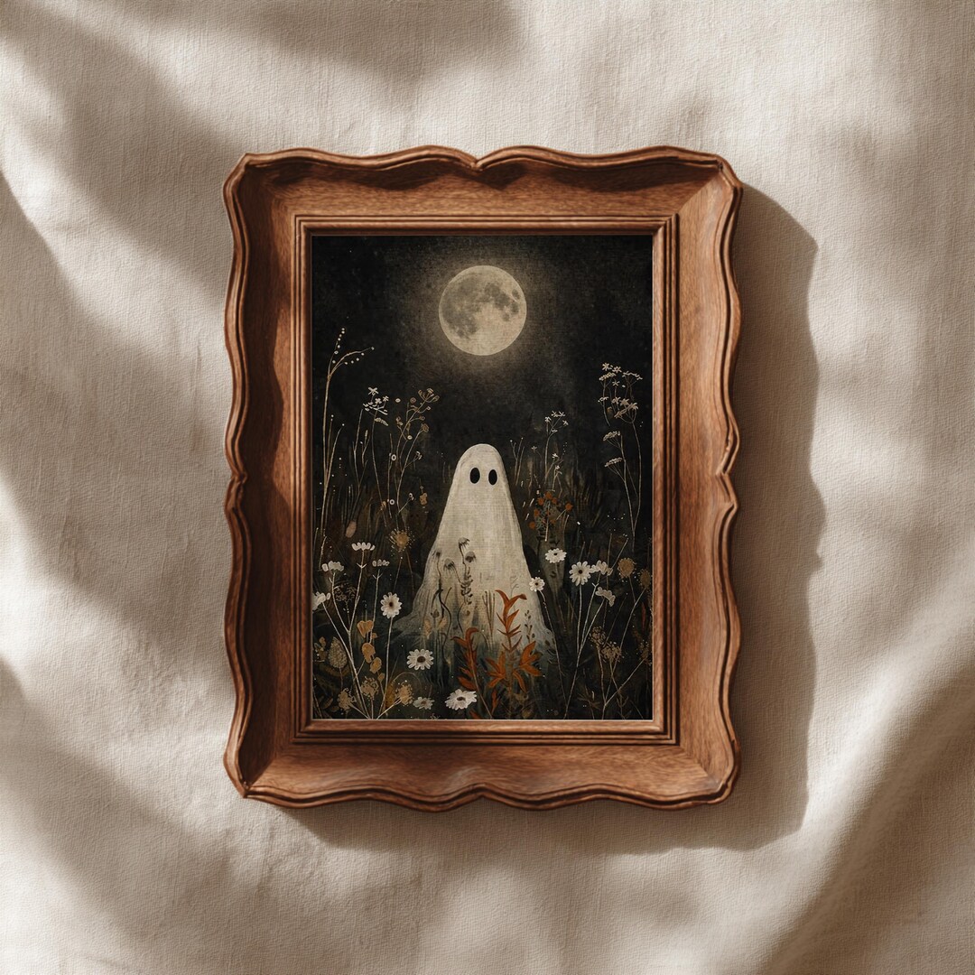Wildflower Ghost Art Print, Full Moon Halloween Wall Art, Moody Autumn ...