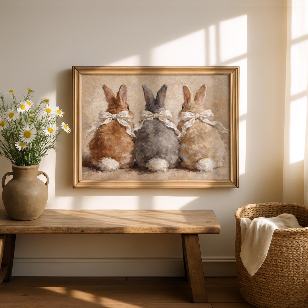 Pintura a óleo vintage de coelhos, impressão artística de Páscoa com ...